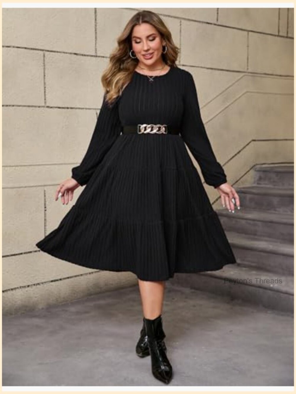 Women Plus Size Knit Sweater Dress Round Neck Long Sleeves Midi Dress with Belt - Picture 2 of 6